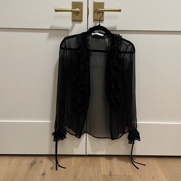 Anne Fontaine Sheer Black Ruffle Blouse with Velvet Trim - Picture 1 of 8